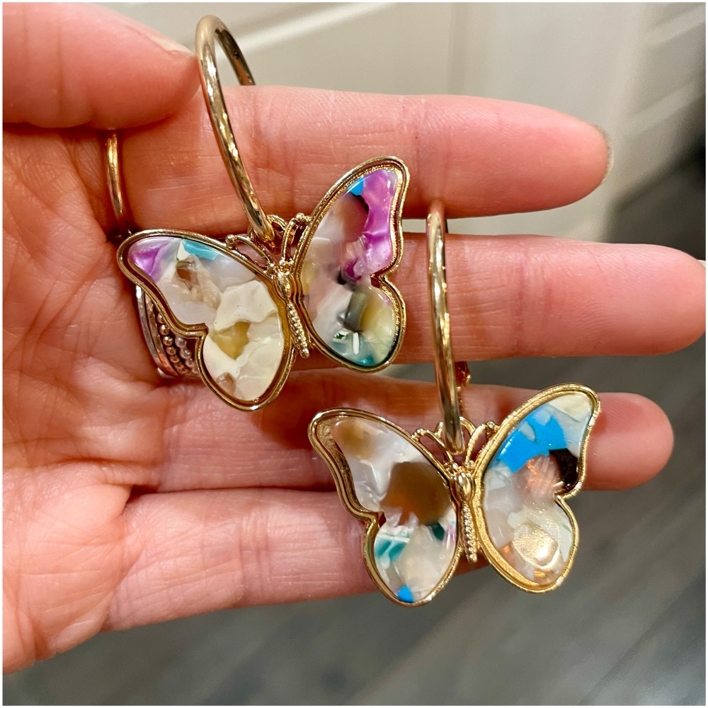 Boho Gold Tone Colorful Butterfly Resin Hop Earrings